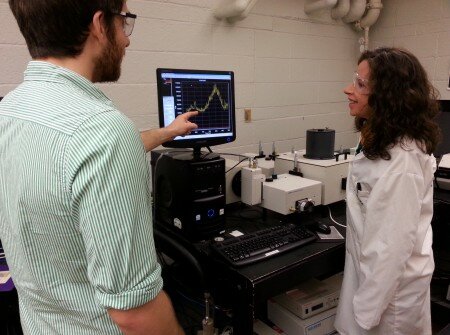 Dr. Sherry McFarland working with a colleague in her lab at Acadia University