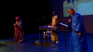 Hawa Kasse Made Diabate, Fode Lassana Diabate, Professor Cherif Keita performing at the Singing Storytellers Symposium. (photo courtesy of CBU)